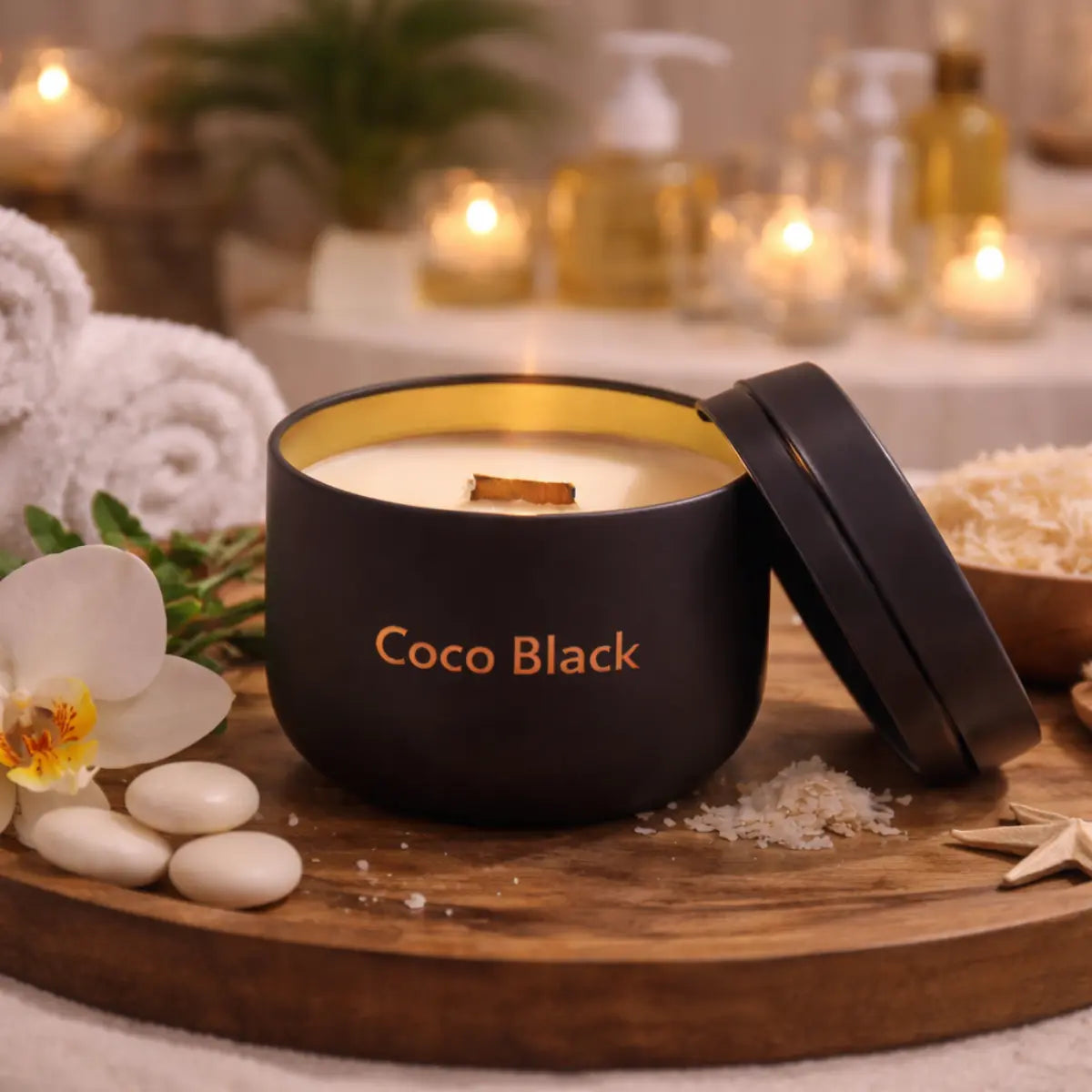 Coco Black – Kokoswachs-Kerze mit Holzdocht in der Dose (100g)